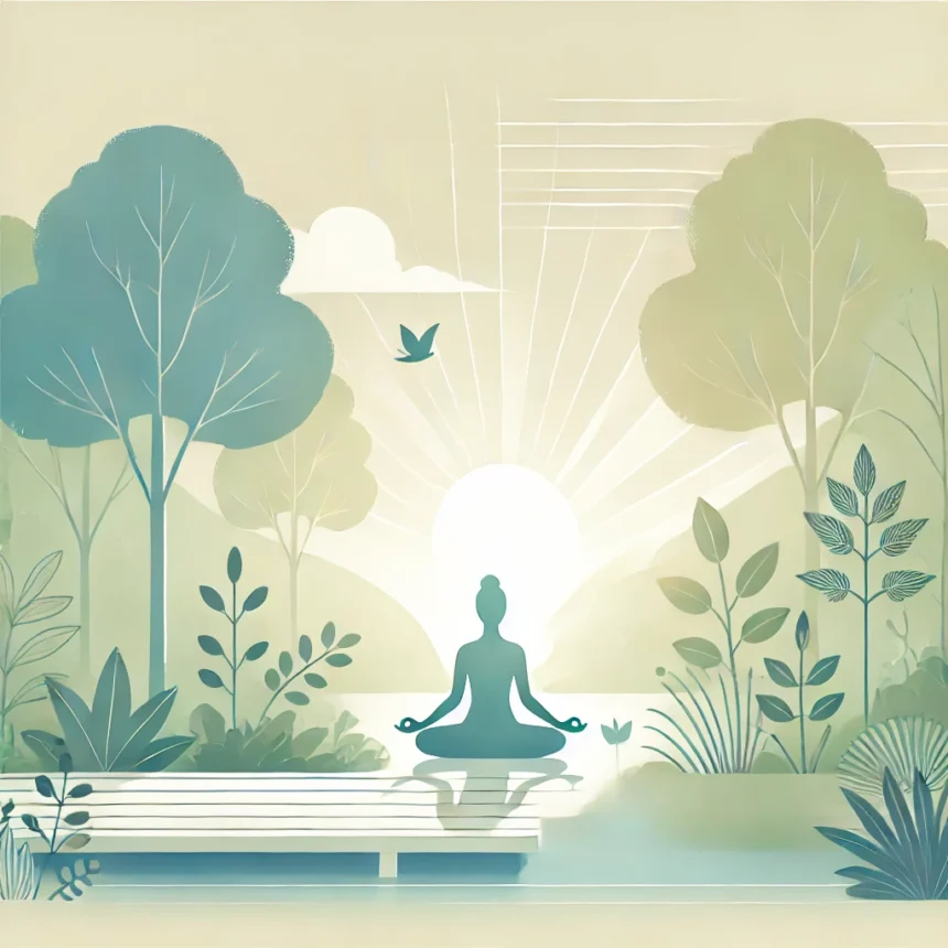 DALL·E 2024 11 22 08.26.37 A serene and minimalistic illustration depicting a single person practicing yoga or meditation in a peaceful outdoor setting surrounded by lush green