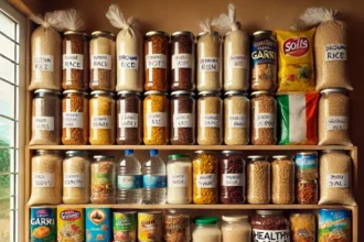 DALL·E 2024 11 27 08.14.31 A neatly arranged emergency pantry shelf filled with healthy Nigerian food staples. Items include bags of brown rice garri canned fish like sardine