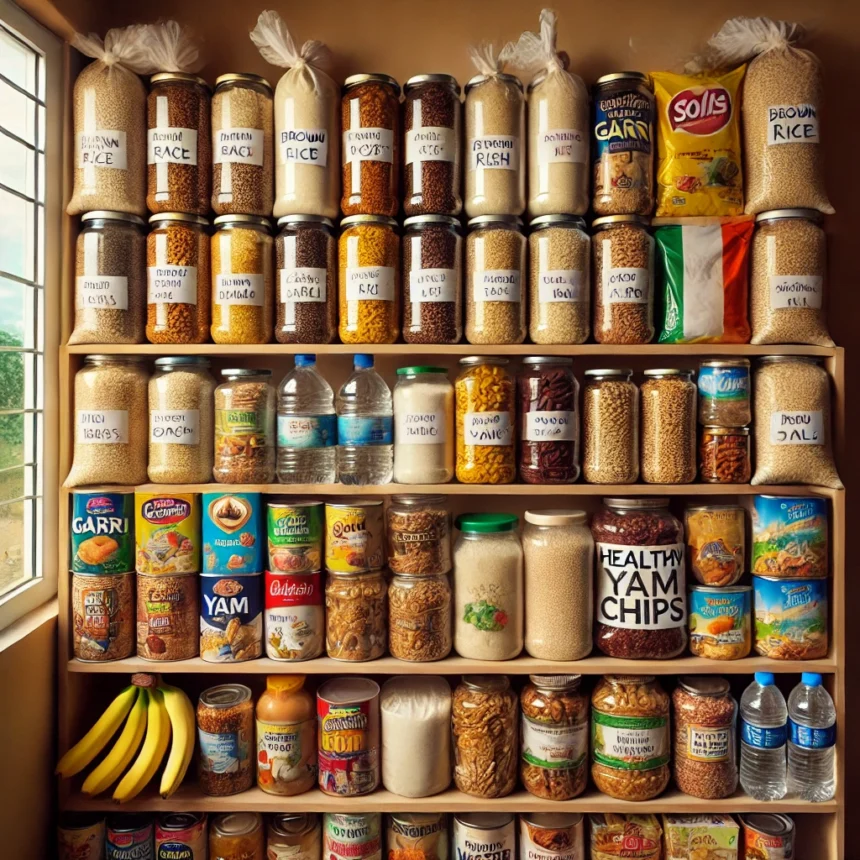 DALL·E 2024 11 27 08.14.31 A neatly arranged emergency pantry shelf filled with healthy Nigerian food staples. Items include bags of brown rice garri canned fish like sardine