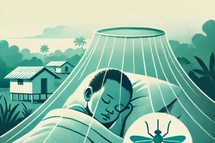 DALL·E 2024 11 29 08.24.17 A minimalistic illustration of malaria prevention in Nigeria. The image shows a child sleeping peacefully under a simple insecticide treated mosquito