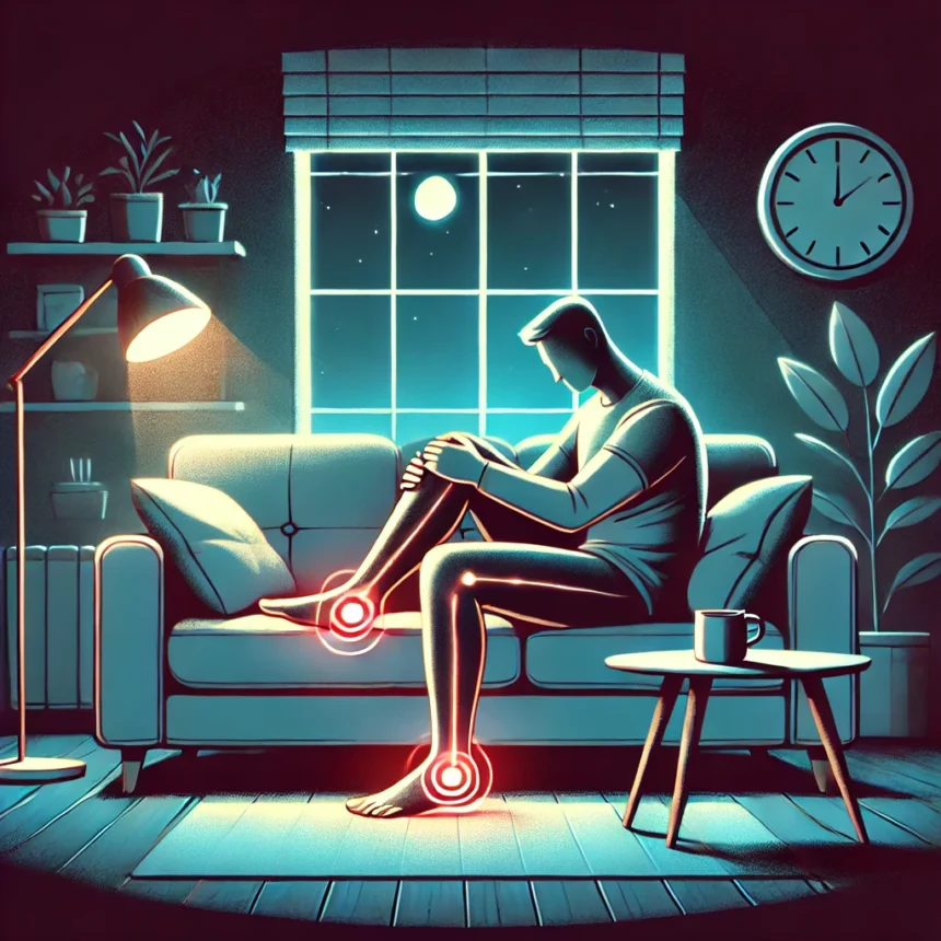 DALL·E 2024 12 03 08.49.21 An illustration of a person sitting on a couch at night visibly uncomfortable rubbing or stretching their legs symbolizing restless leg syndrome. T