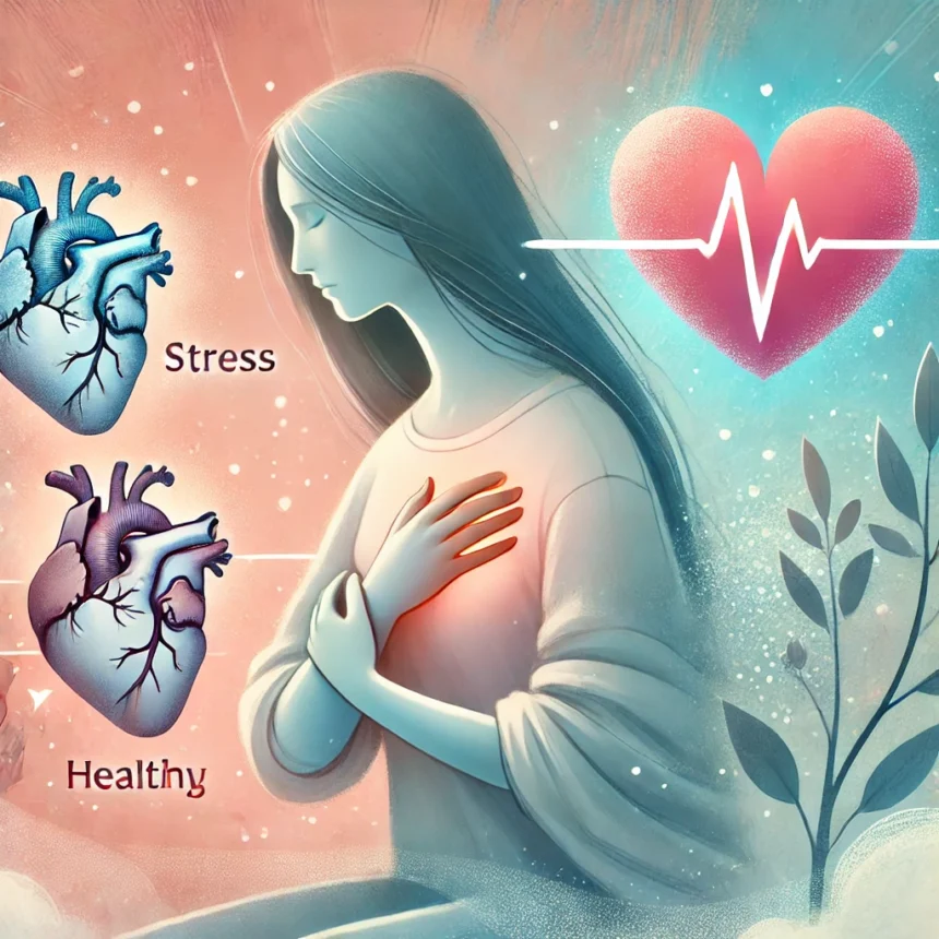 DALL·E 2024 12 04 02.24.33 A compassionate illustration showing a grieving mother holding her chest symbolizing emotional trauma and heart health with a soft calming backgrou