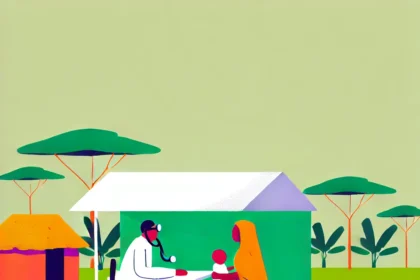 DALL·E 2024 12 09 08.27.53 A simple and clean illustration of a rural healthcare setting in Nigeria showing a doctor consulting with a mother holding her baby. The focus is on