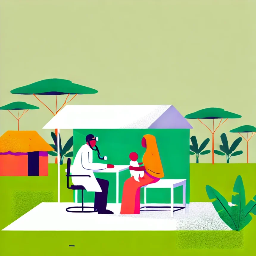 DALL·E 2024 12 09 08.27.53 A simple and clean illustration of a rural healthcare setting in Nigeria showing a doctor consulting with a mother holding her baby. The focus is on