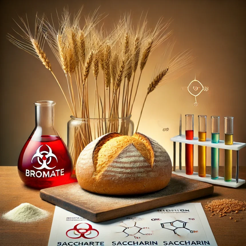 DALL·E 2024 12 10 08.33.25 A conceptually striking image showing a loaf of bread on a cutting board with a red warning label on it. Surrounding the bread are a few stalks of whe 1