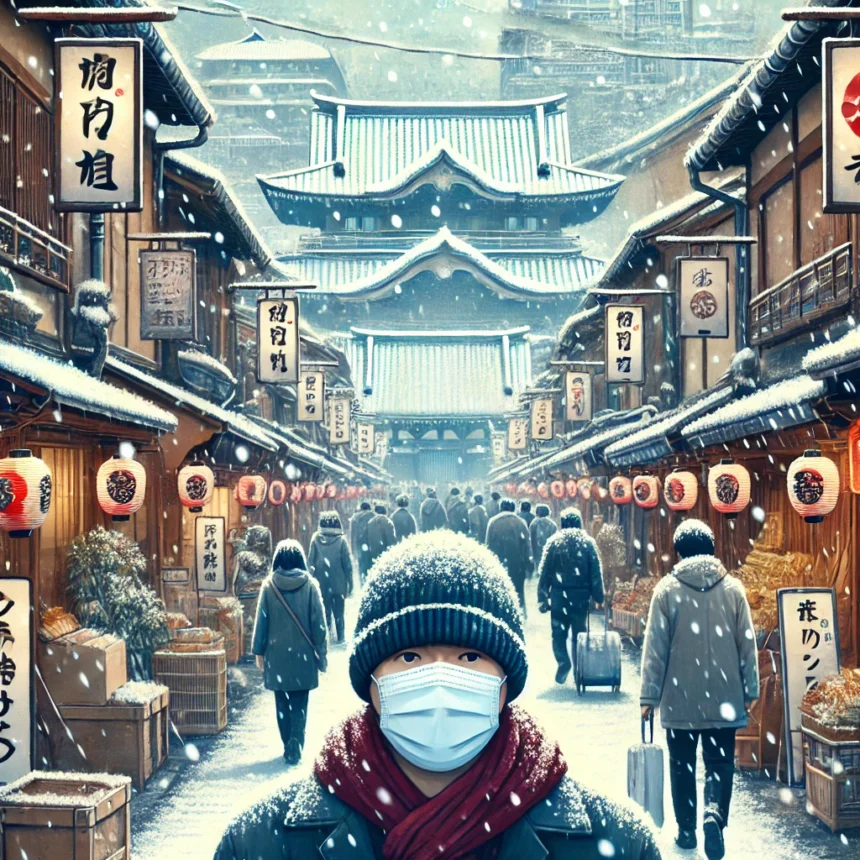 DALL·E 2025 01 14 08.35.57 A digital illustration showing a flu outbreak scenario in Japan. The image features a person wearing a surgical mask walking through a busy Japanese s