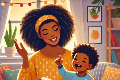 DALL·E 2025 01 20 01.52.07 A warm and colorful illustration of an African mother telling a story to her child in a cozy home setting. The mother with dark skin and natural curl