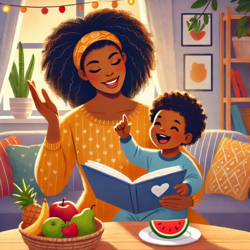 DALL·E 2025 01 20 01.52.07 A warm and colorful illustration of an African mother telling a story to her child in a cozy home setting. The mother with dark skin and natural curl