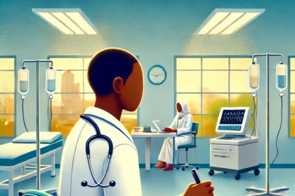 DALL·E 2025 01 23 08.31.44 A vibrant and hopeful illustration of a Nigerian medical student in a classroom wearing a white lab coat studying with textbooks and a stethoscope o