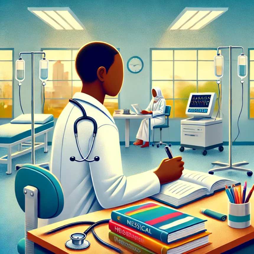 DALL·E 2025 01 23 08.31.44 A vibrant and hopeful illustration of a Nigerian medical student in a classroom wearing a white lab coat studying with textbooks and a stethoscope o