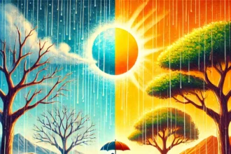 DALL·E 2025 01 24 08.28.34 A vibrant illustration depicting a transition in weather from the cool Harmattan season to a hot and sunny climate in Nigeria. The image features a du