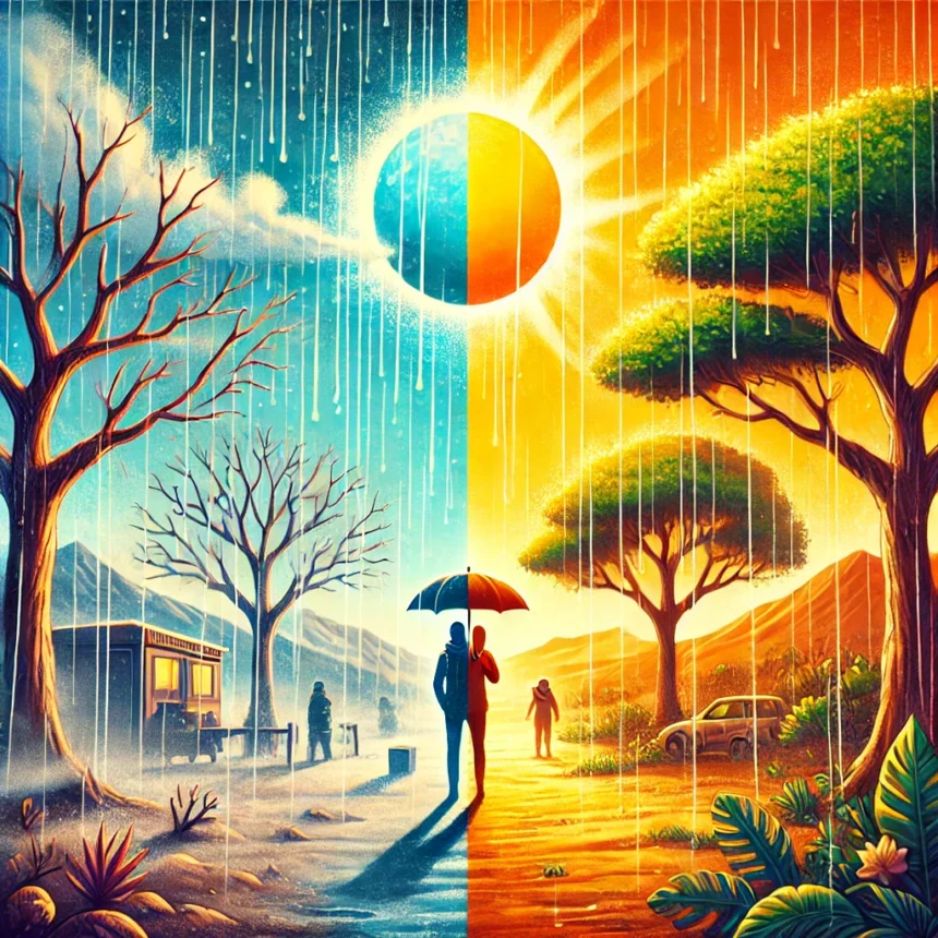 DALL·E 2025 01 24 08.28.34 A vibrant illustration depicting a transition in weather from the cool Harmattan season to a hot and sunny climate in Nigeria. The image features a du