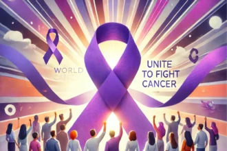 DALL·E 2025 02 04 08.35.38 A powerful and inspiring digital illustration for World Cancer Day. The image features a diverse group of people standing together holding hands in s