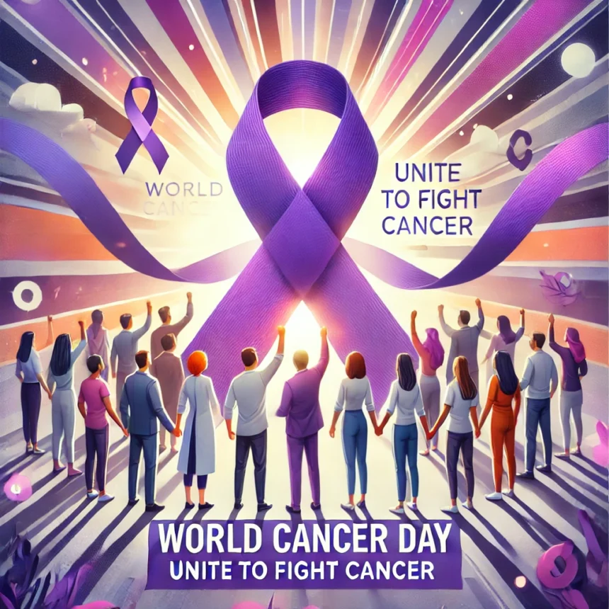 DALL·E 2025 02 04 08.35.38 A powerful and inspiring digital illustration for World Cancer Day. The image features a diverse group of people standing together holding hands in s