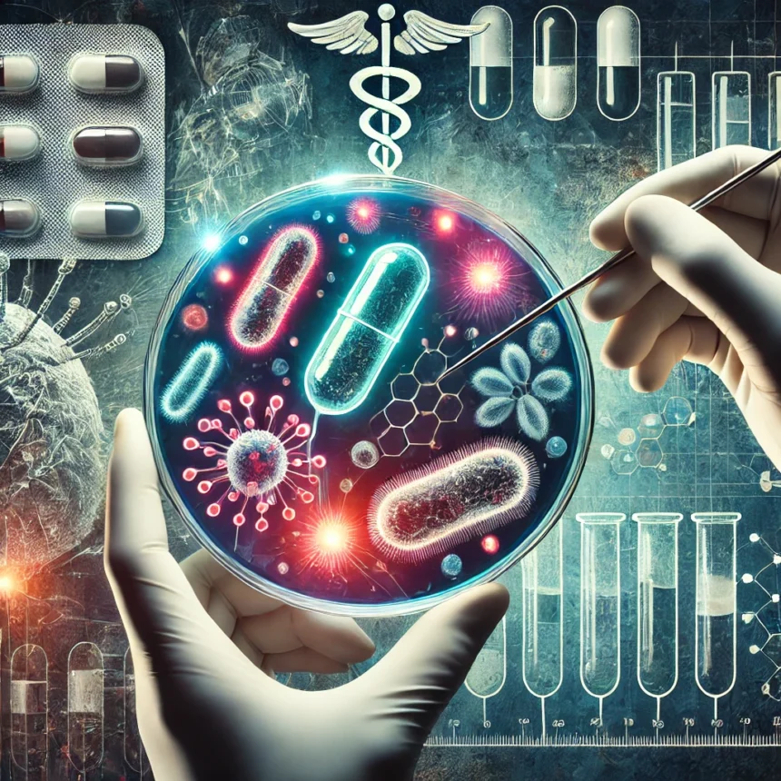 DALL·E 2025 02 10 08.44.36 A visually striking image representing antimicrobial resistance AMR. The illustration features a petri dish with bacteria that glow in different col 1