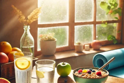 DALL·E 2025 02 18 09.25.58 A vibrant and calming morning scene with soft sunlight streaming through a window a glass of water with lemon on a wooden table an open journal with