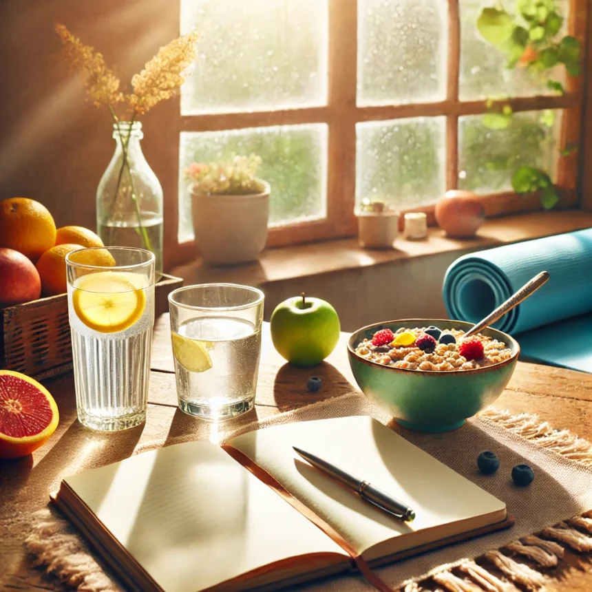 DALL·E 2025 02 18 09.25.58 A vibrant and calming morning scene with soft sunlight streaming through a window a glass of water with lemon on a wooden table an open journal with