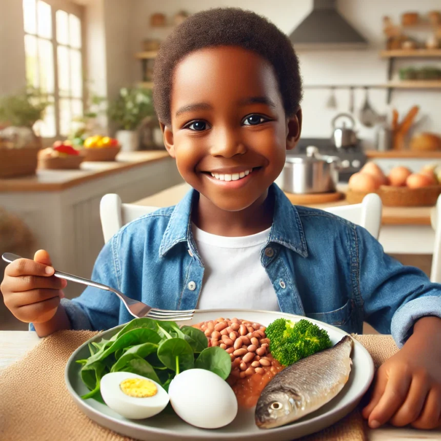 DALL·E 2025 02 26 08.24.14 A happy Black child eating a nutritious meal rich in iron. The meal includes foods like spinach beans eggs and fish. The child is smiling sitting