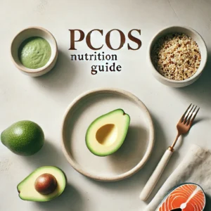DALL·E 2025 03 10 08.28.31 A simple and clean featured image for a blog post on PCOS nutrition. The image includes a minimalist arrangement of a fresh avocado a bowl of quinoa