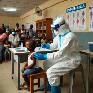 DALL·E 2025 03 14 08.05.05 A healthcare worker in protective gear administering a diphtheria vaccine to a young child in a medical clinic in Lagos Nigeria. The background shows